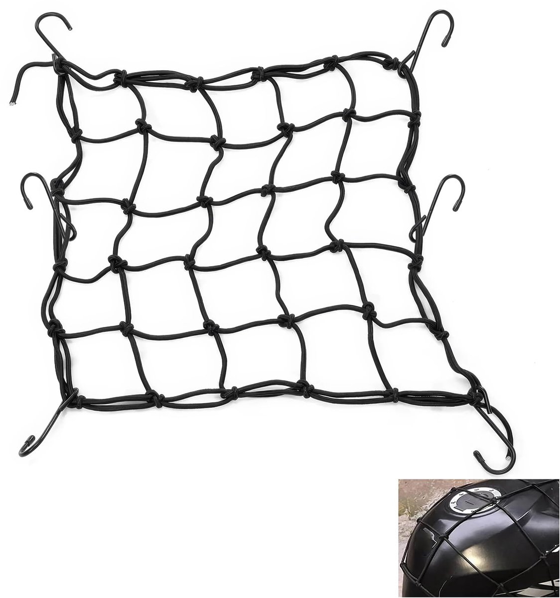 Bagagenet, elastisch, 30 x 30 cm, zwart, geschikt voor motorfiets, boot, sneeuwscooter, MTB
