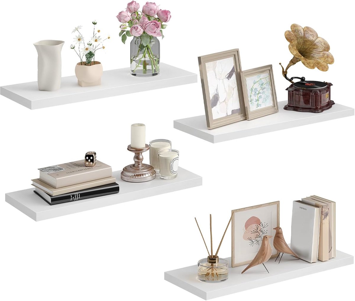 Zwevende wandplank set van 4, 40 cm met T-dragers | met waterpas, eenvoudige montage, wandplank voor woonkamer, keuken, slaapkamer en badkamer