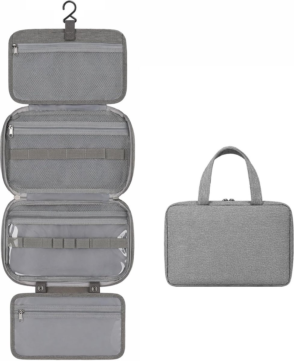 Toilettas voor dames en heren, hangende toilettas, waterdicht, grote make-uptas met nat/droge scheiding, opvouwbare reisorganizer met haak, Grijs, Klassiek