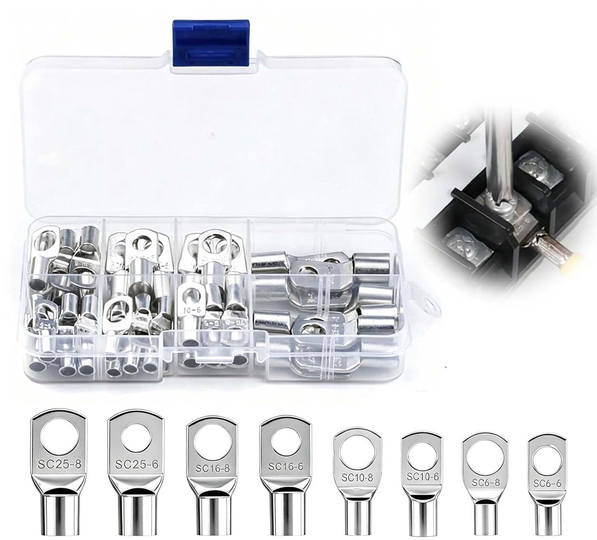 60 stuks buisklemmen, ringklemmen 6-25 mm², elektrisch, van vertind koper, met oogje, batterijklemmen, niet geïsoleerd, voor krimpen of solderen, ringklem M6 M8 voor kabels, accu, auto, motorfiets