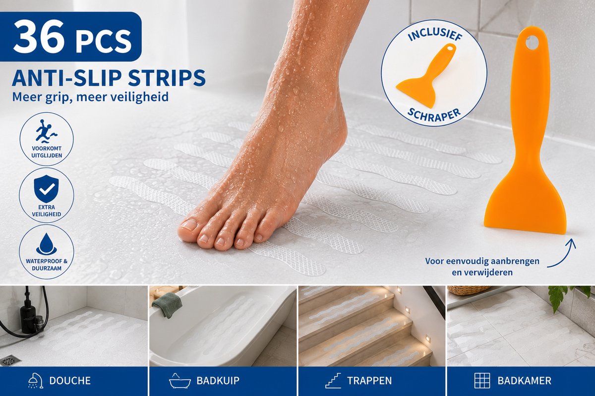 FSW-Products Antislip Strips – 36 Stuks – Zelfklevende Antislip Stickers met Schraper – Voor Vloer, Trap, Douche, Bad & Badkamer – Transparant