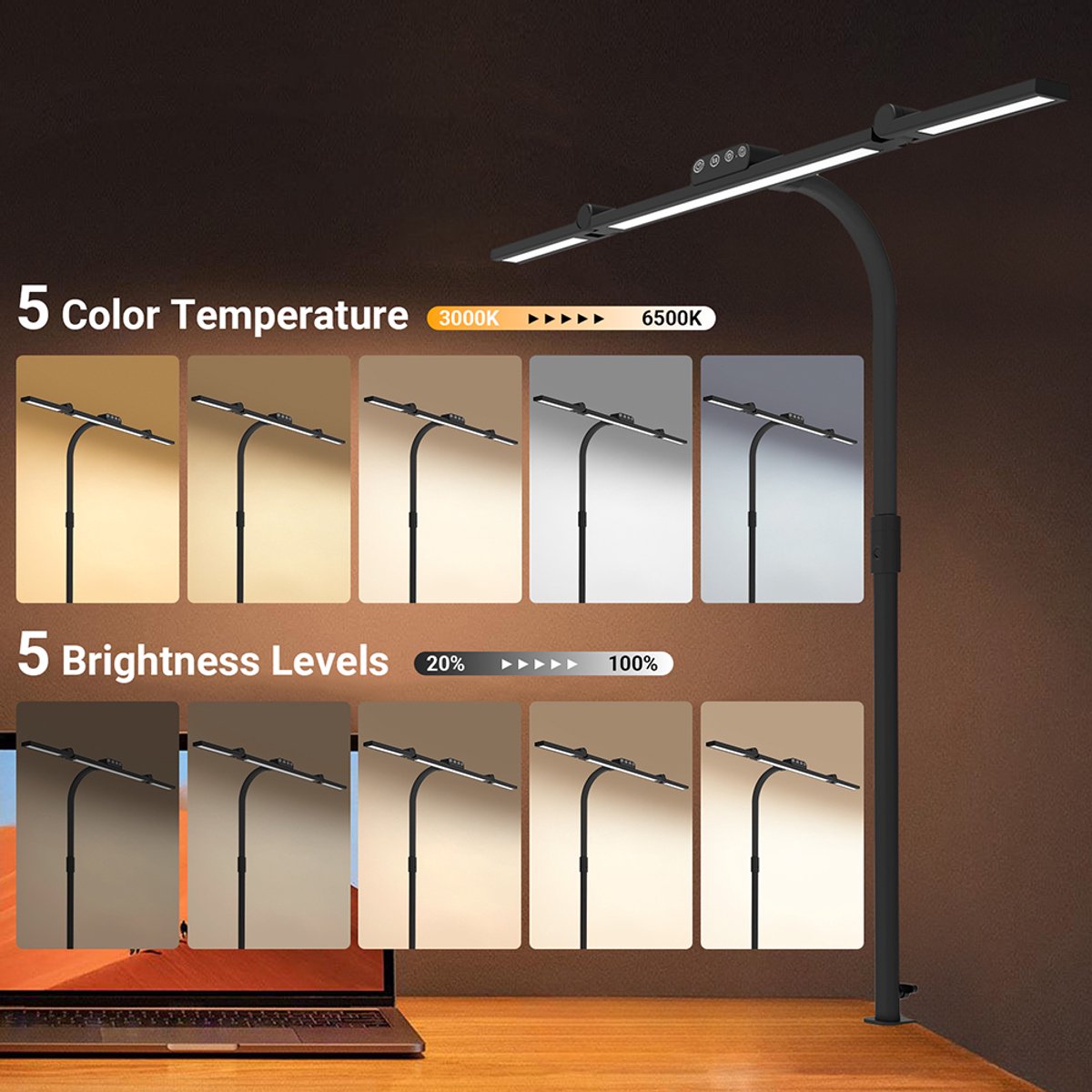 Lapamax Bureaulamp LED met Klem - Werklamp Dimbare met 3 Lichtstrips & 360° Verstelbare Zwanenhals - 75 cm Hoog & Touchbediening - Monitor Lamp met 5 Lichtkleuren en 5 Helderheidsniveaus - Hobbylamp voor Tekenen, Werkbank, Studie en Handwerk