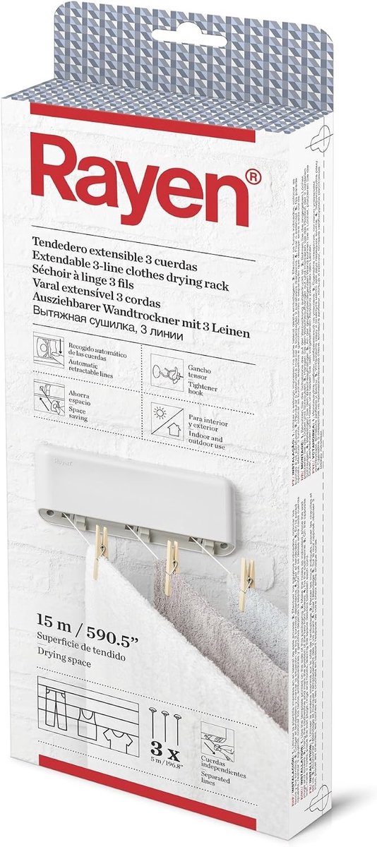 Waslijn uittrekbaar - Wit - 15 meter legoppervlak - ABS & Nylon - Kledingrek met 3 Onafhankelijke Snaren