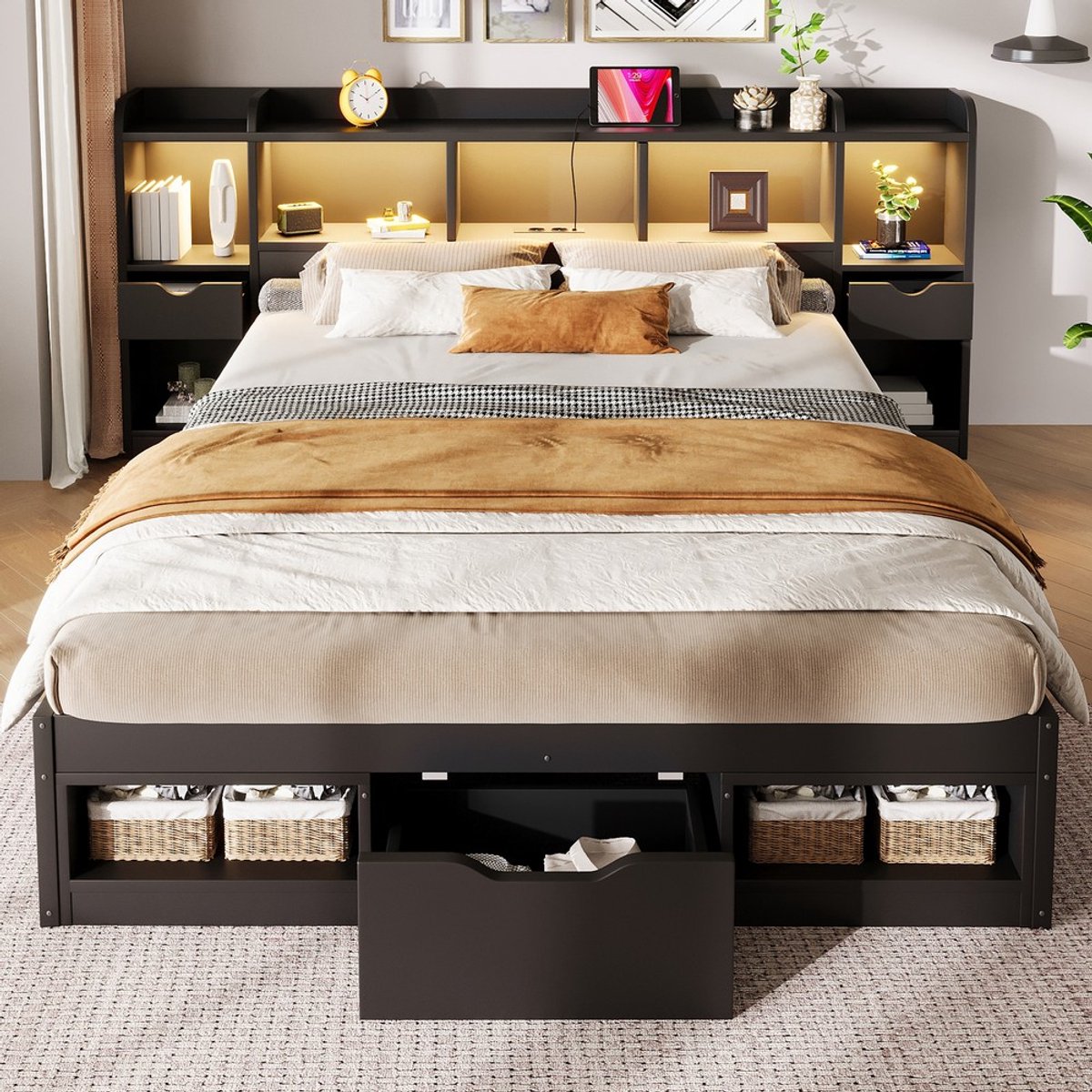 Pugsdrly Platformbedframe (140 x 200 cm), met hoofd- en voeteneinde met opbergruimte, 3 lades, meerdere opbergvakken, LED-lichtstrip en USB-aansluiting, zwart
