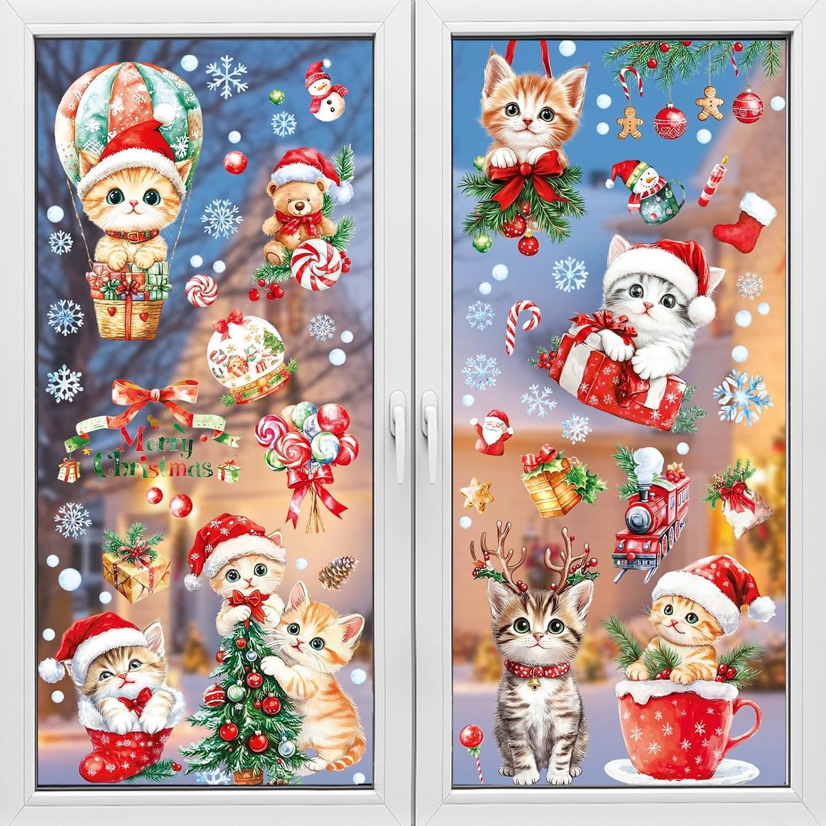 Raamstickers - Zelfklevende dubbelzijdige bedrukte raamstickers Kat, Geschikt voor winter kerst raamdecoratie