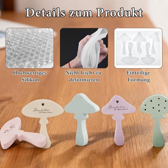 10 stuks siliconen paddenstoelvormen, siliconen vormen, gietvormen, paddenstoel, 3D, paddenstoel, siliconen kaarsvormset met roerstaafjes, epoxyharsvormen voor knutselwerk, gips — afbeelding 3
