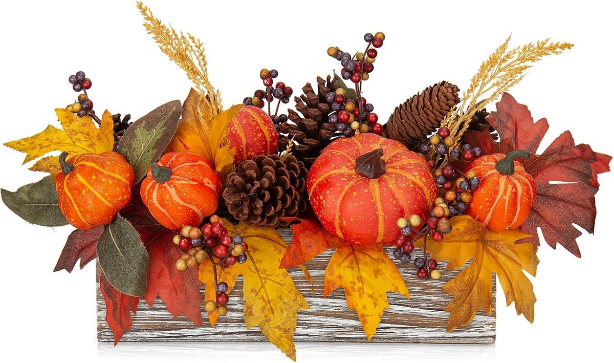Herfst Decor Herfst Oogst Pompoenen Centerpiece - Kunstmatige esdoornbladeren, bessen en dennenappels arrangement in rechthoekige houten kist voor Thanksgiving Party Mantel Fall Decor
