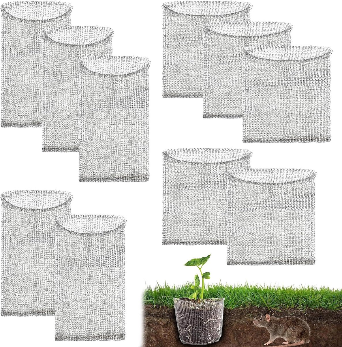 10 stuks wortelbeschermingsnetzakken, 10x Roestvrijstalen Wortelbeschermers, Gemengde Maten (5x 30x15cm / 5x 25x23cm), Wortelbescherming tegen Woelmuizen voor Tuinliefhebbers en Planten