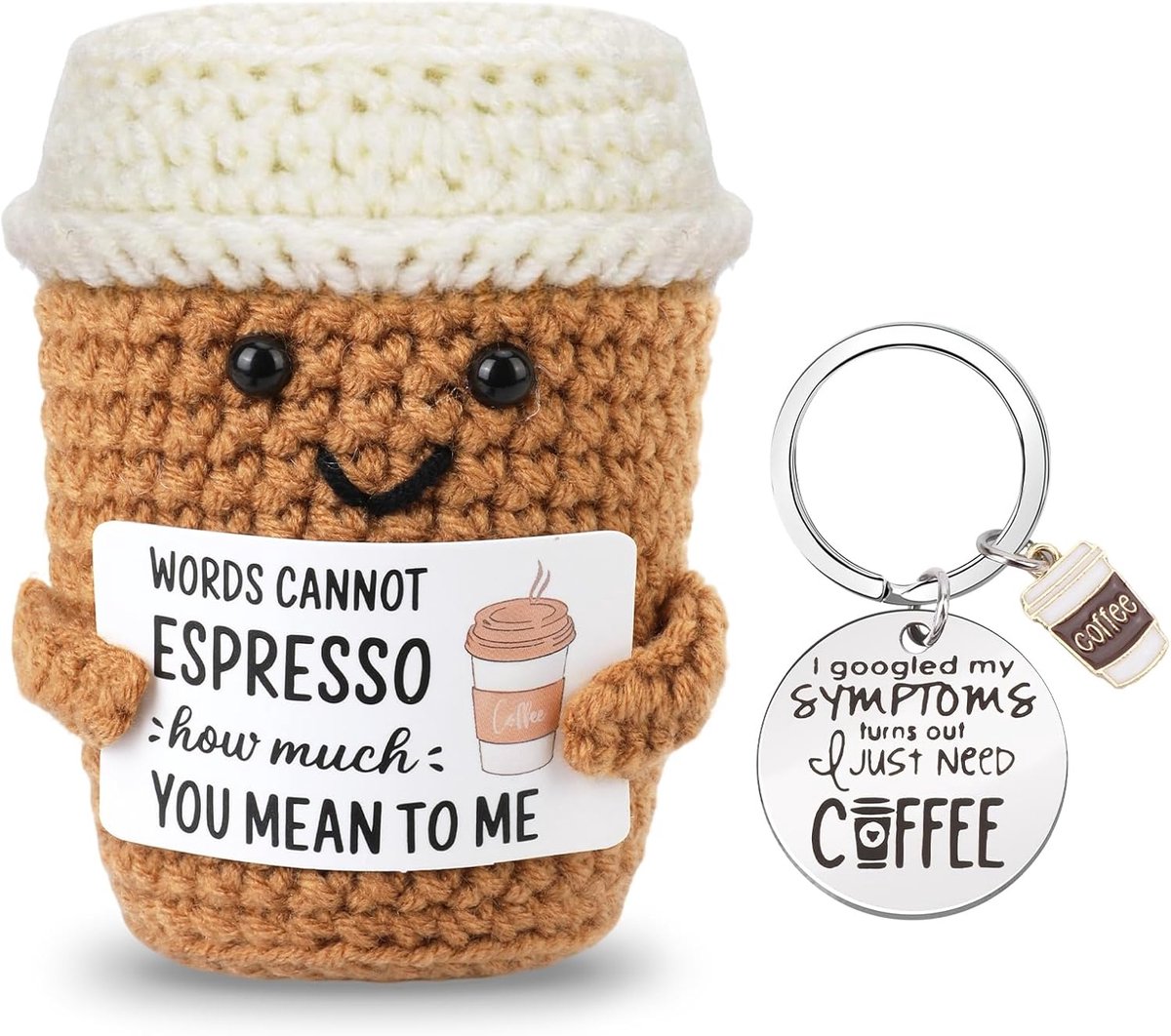 Koffiecadeau, koffiemok sleutelhanger, emotionele ondersteuning gehaakte koffie, positieve geschenken, moedermaker cadeau-ideeën voor koffieliefhebbers, familie, vrouwen, mannen