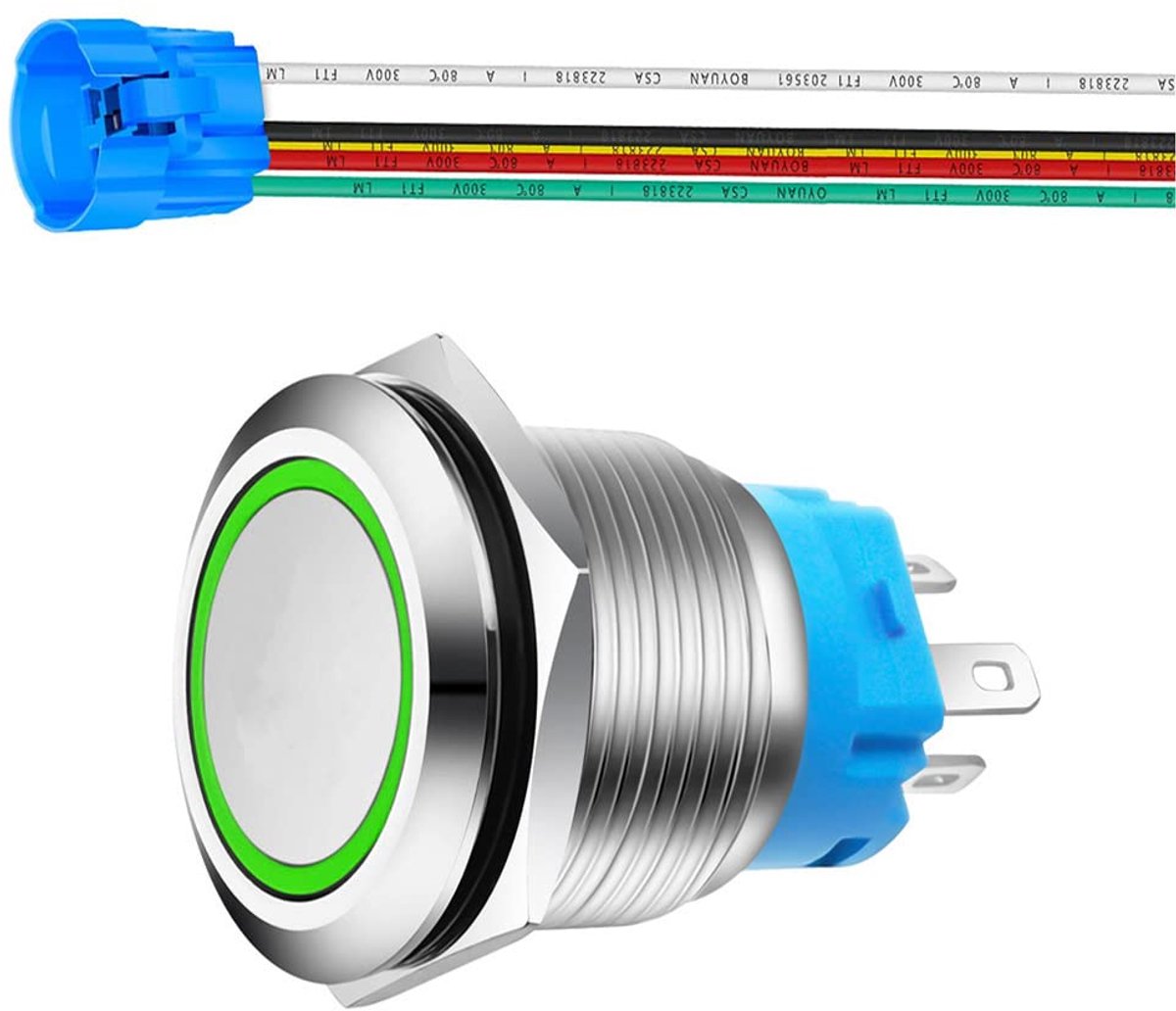 0,87 Inch/22mm RVS Momentaire Drukknop 230V AC 3A LED 1NO1NC SPDT AAN Uit Waterdicht met Draad Socket Plug (Groene LED)