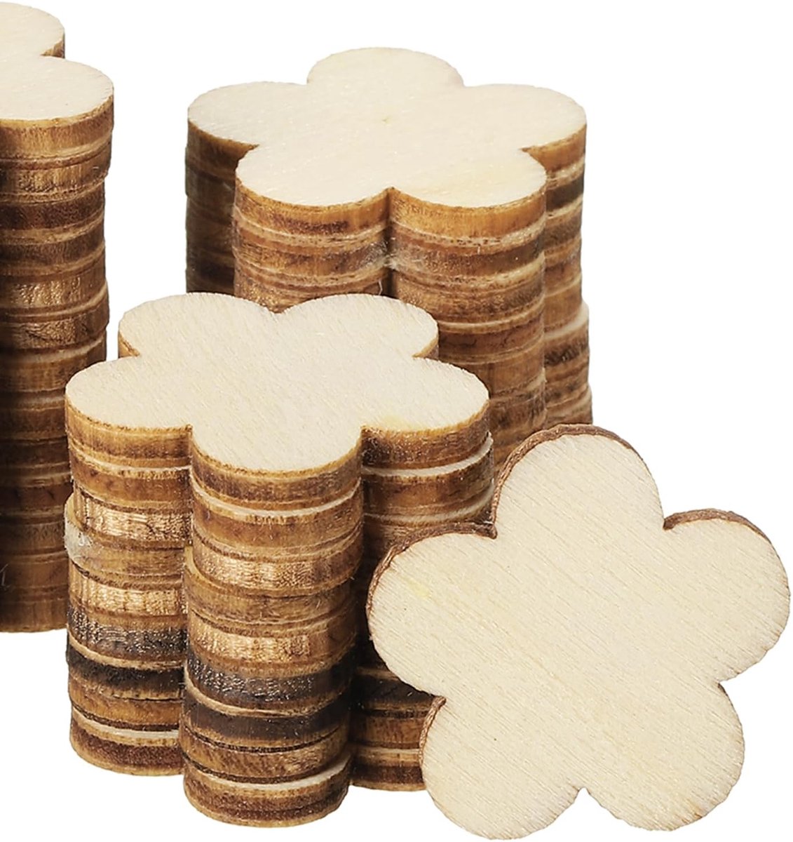 Houten bloemen, 100 stuks onafgewerkte houten bloemen, blanco houten uitsparingen, ornamenten, natuurlijke houten stukken voor kerstfeesten, knutselprojecten