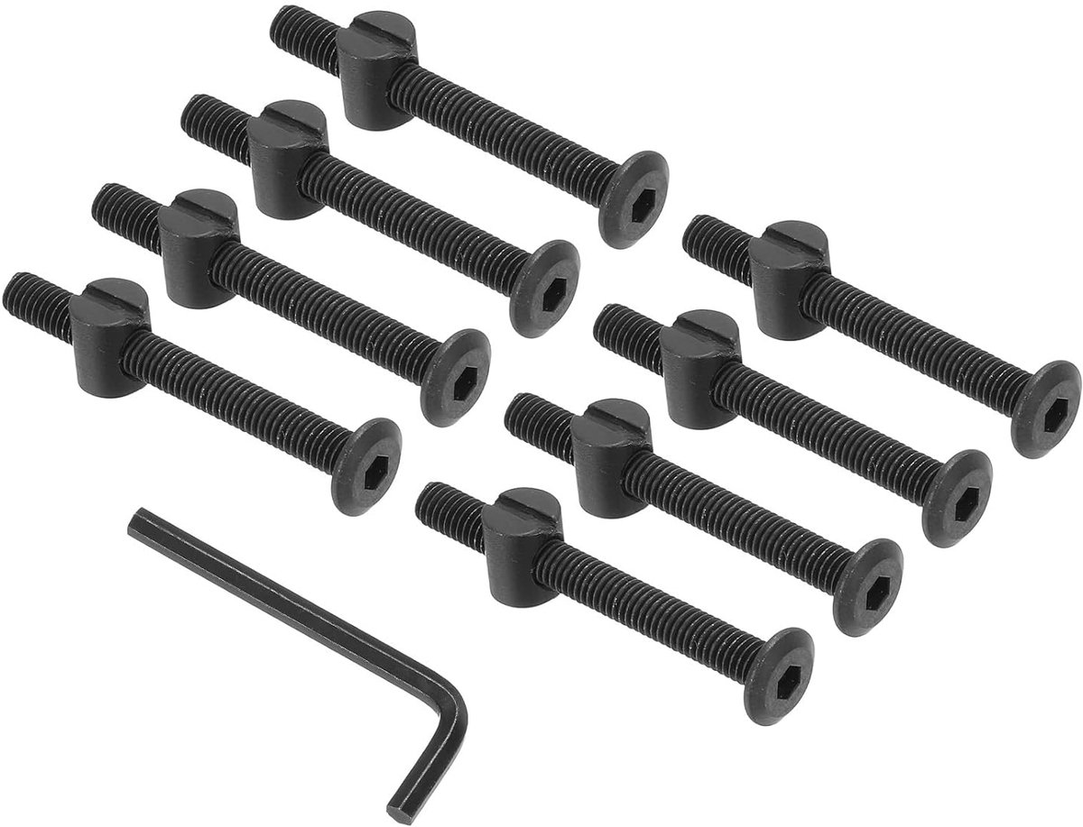 Stapelbedschroeven M6 x 55 mm, 8-delige set met binnenzeskant en moeren voor meubels en bedden, inclusief 1 sleutel, zwart