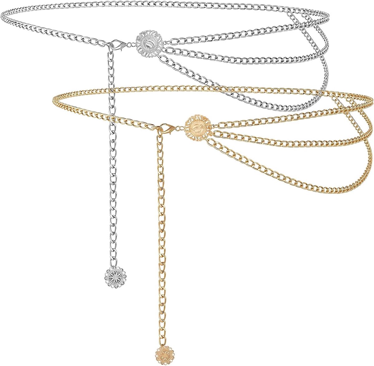 Riemen voor dames, 90 cm, meerlaagse tailleriem in goud en zilver met karabijnhaak, veelzijdige riem voor jurken, jeans en dirndl-accessoires