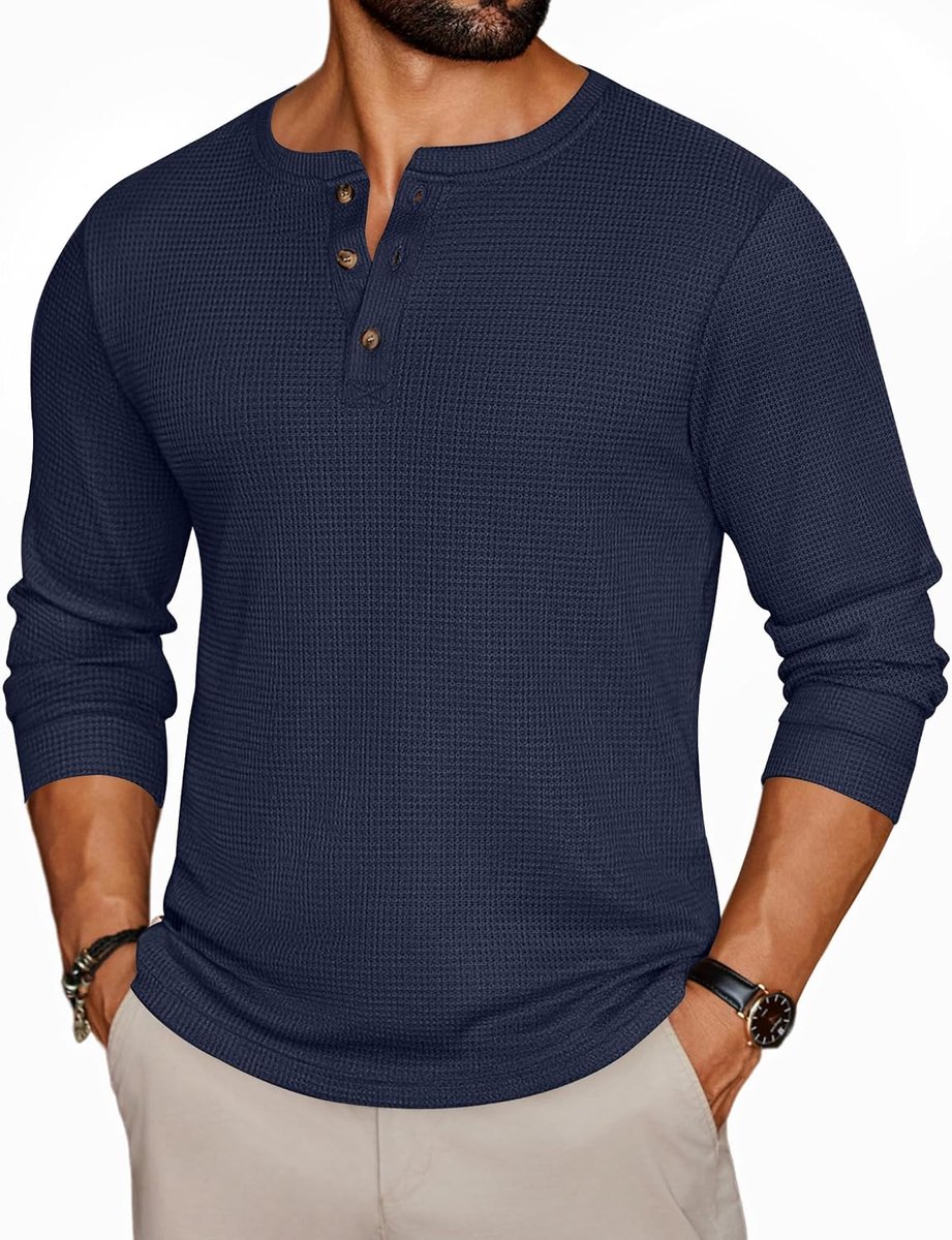 Thermisch shirt lange mouwen wafel Henley tops S-XXL, Donkerblauw, M | Ronde hals met drie knopen, herfst/winter basic layering stukken, zacht, klassiek, smart casual stijl : Amazon.nl: Kleding, schoenen & sieraden