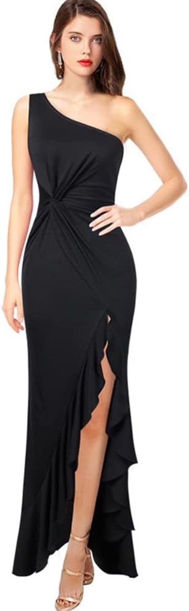 Damesjurk lange avondjurk één schouder effen kleur hoge split jurk mouwloze jurk sexy bodycon jurk cocktailjurken bruiloft feest