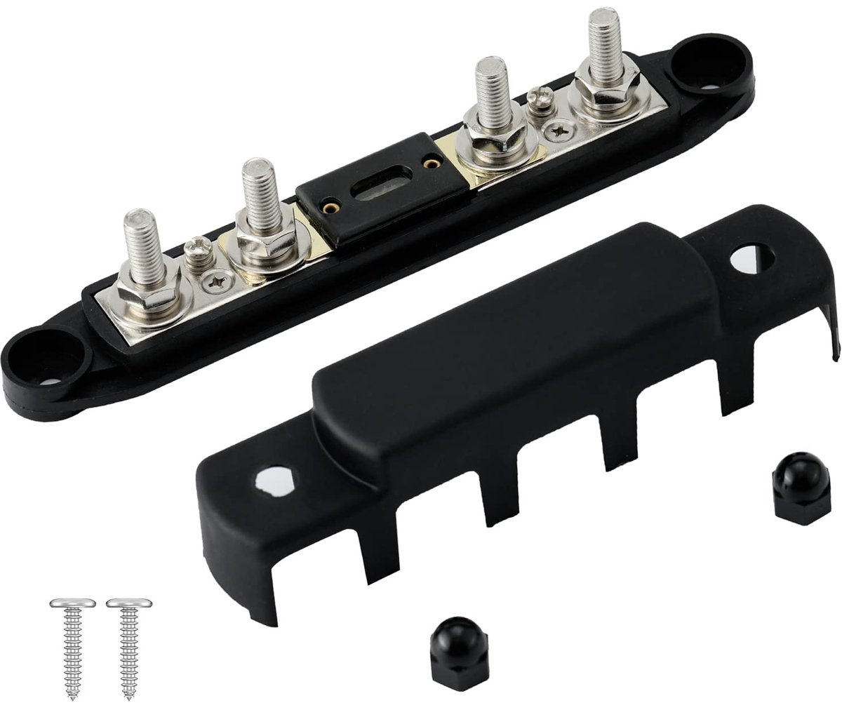 1 stuk M8 (5/16") 4-pins stroomverdeelblok, 4-weg 12-48V busbar met 300A zekering (zwart)