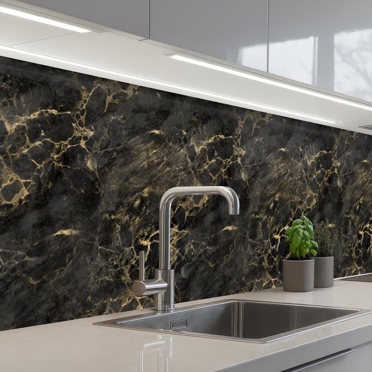 Keukenachterwand 60x250 cm zelfklevend keuken decoratie accessories home kitchen spatscherm Zwart - Marmer - Goud - Nerf