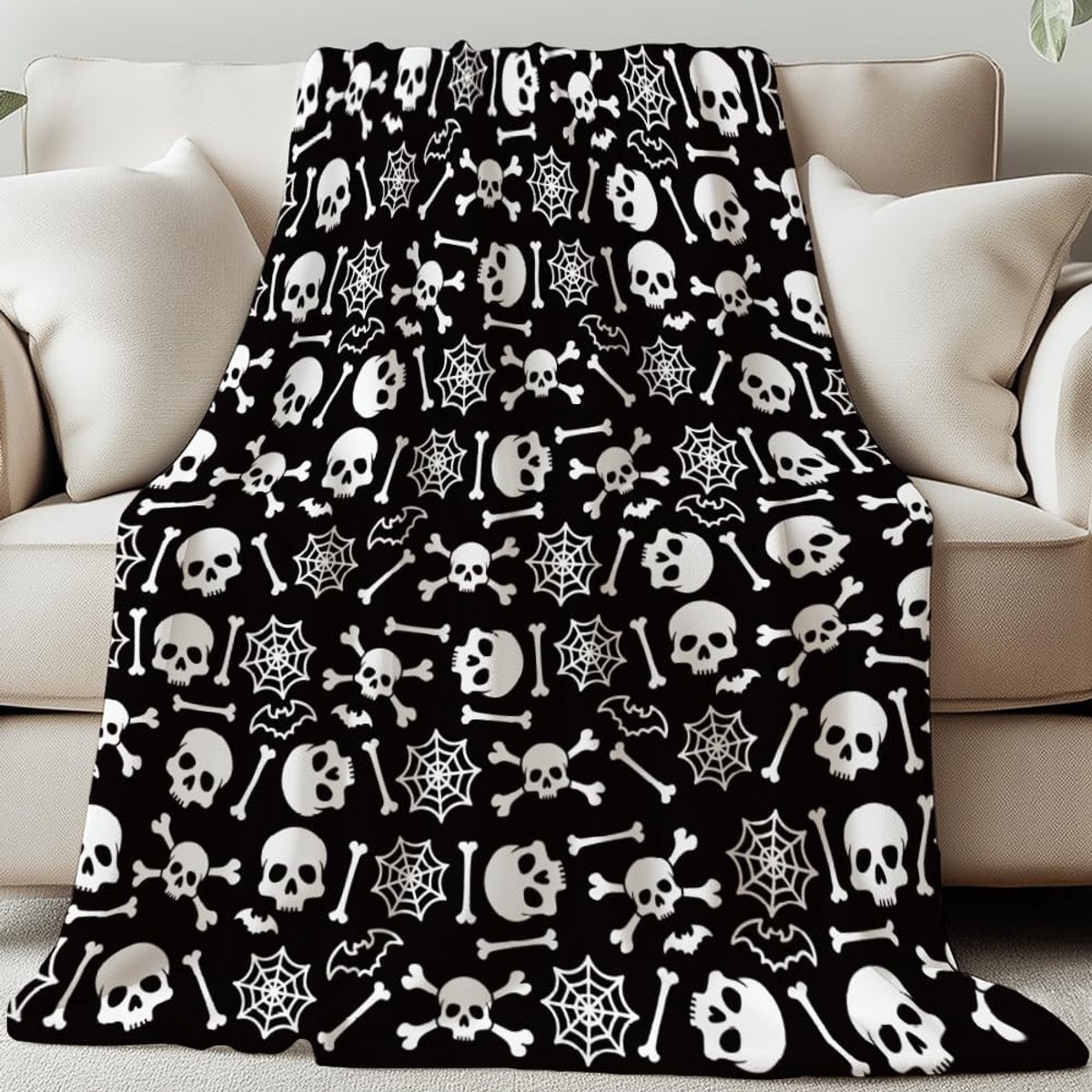 Elzusha - Skelet Deken 150x130cm - Zwart-Wit Flanel - Halloween Decoratie