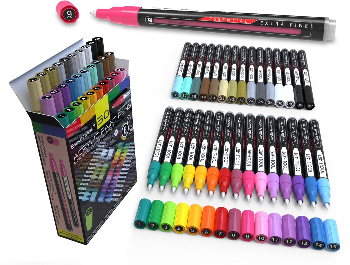 Elzusha - Acryl Verfstiften Set 30 Kleuren 0.7mm Extra Fijne Punt - Waterbasis Sneldrogend