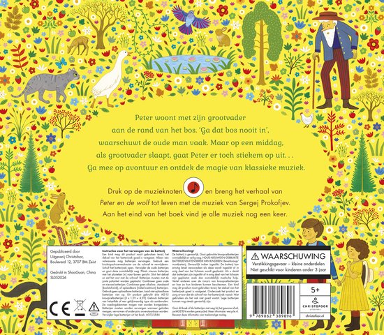 Achterkant van 'Peter en de Wolf' boek met tekst, waarschuwingen en details over de inhoud.