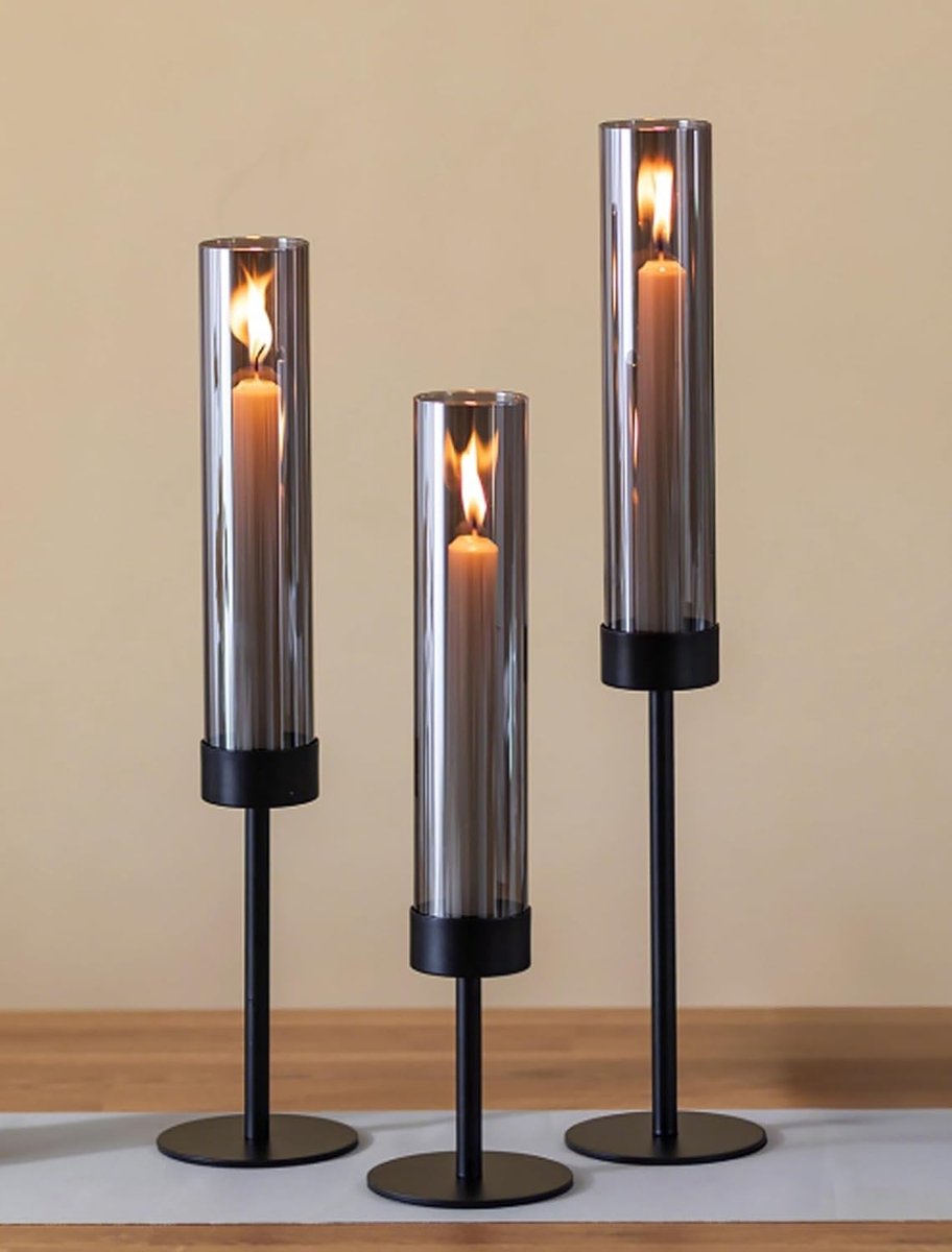 Kandelaar voor Staaskaarsen Zwart met Rookglas: Set van 3 Metalen Kandelaars met Windlicht - Moderne Tafeldecoratie voor Binnen - Buiten - Woonkamer - Kerst