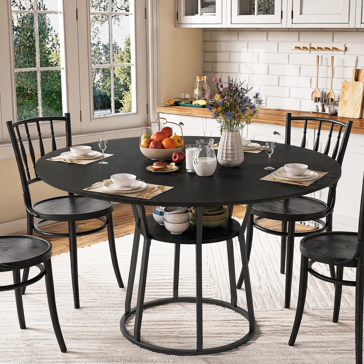Ronde eettafel 120 x 120 x 75 cm met plank, ruimtebesparend, houten eettafel voor 4-6 personen, rustieke keukentafel met moderne ronde metalen poten, zwart (exclusief stoelen)