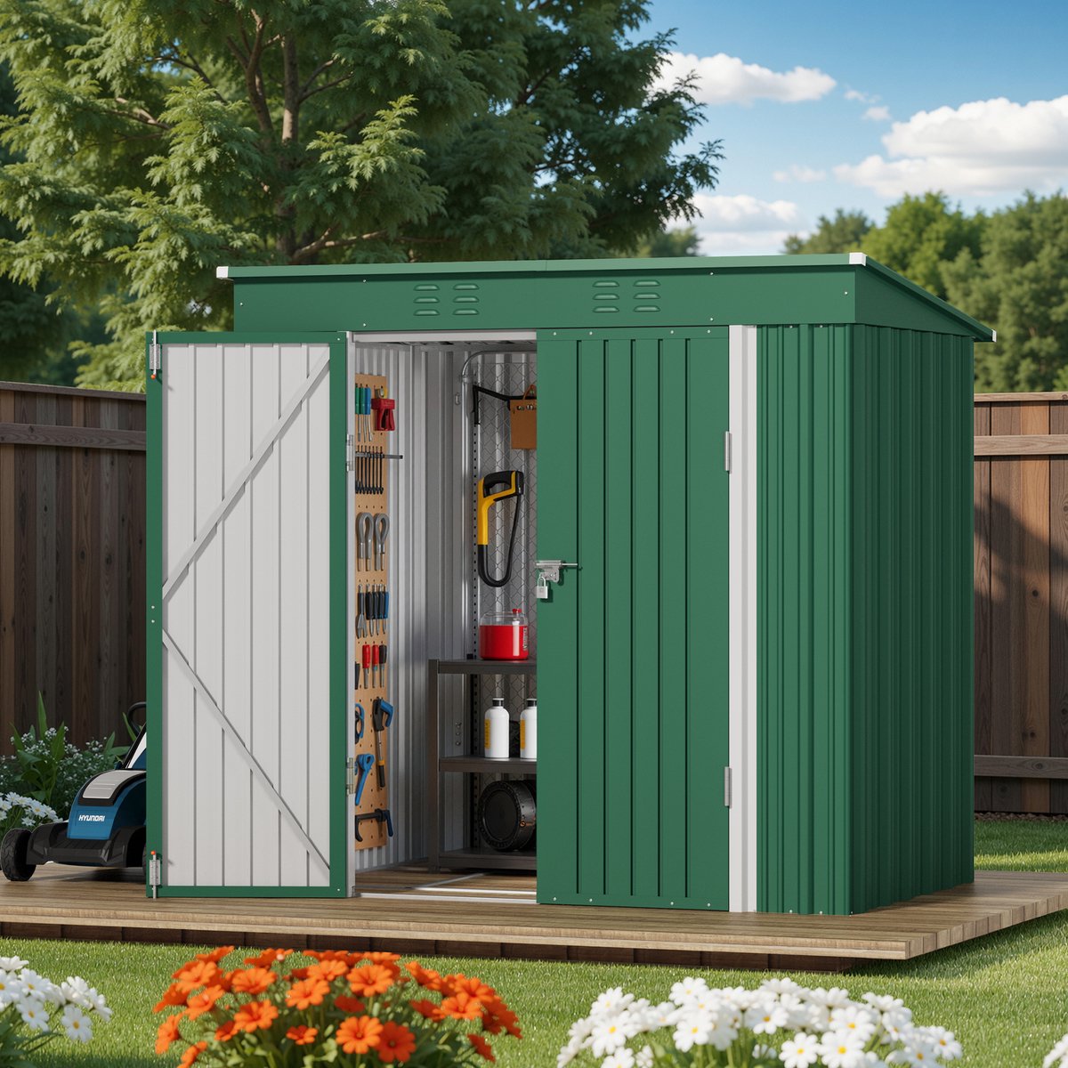 Xbro Metalen Tuinschuur 195x131x181 cm, Multifunctionele Tuinberging met Slot en Ventilatie, Waterdichte Buitenopslag voor Gereedschap, Fietsen en Afvalbak,Groen