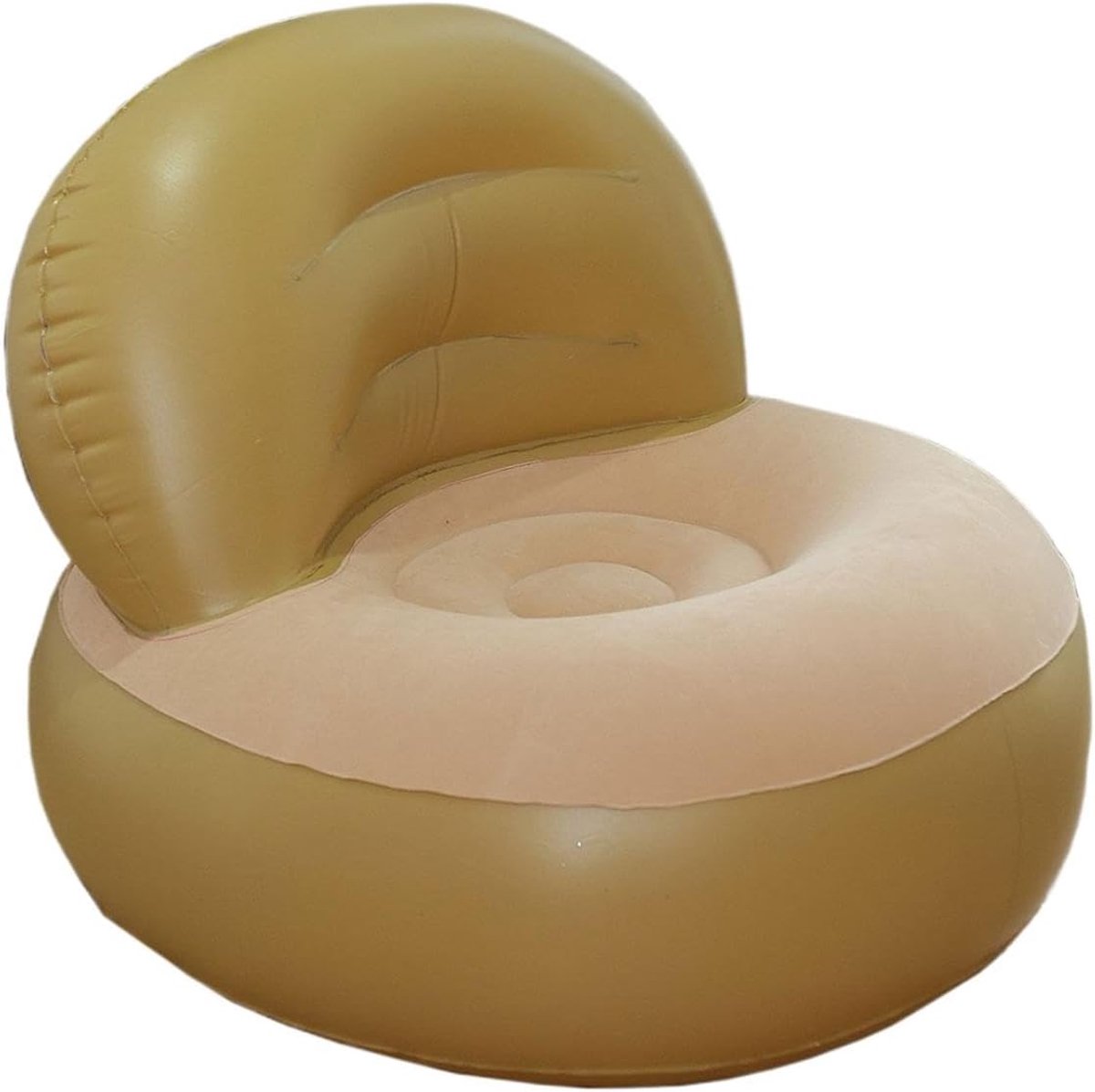 Beige L-vormige opblaasbare fauteuil met fluweelzitting, rond opblaaszetel van PVC, comfortabele opblaasbank voor woonkamer, slaapkamer en tuin, afmetingen Ø90 x 72 x 40 cm