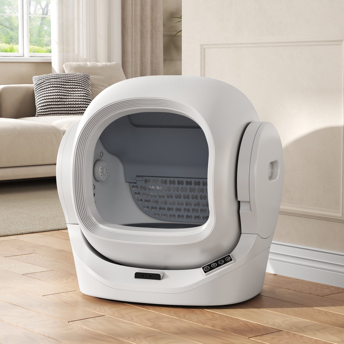 VVBV Zelfreinigende Kattenbak 53x45.5x56.5 cm - Zelfreinigend, App-Bediening, Infraroodbeveiliging, 68 L Binnenruimte - Wit