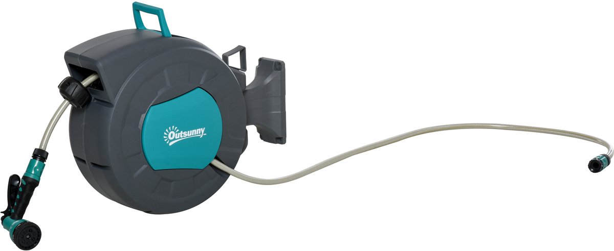 Wandslanghaspel - automatisch - draaibaar - 180 graden - slang 15 + 1,4 m - met irrigatielans - geïntegreerde wandhouder - turquoise - grijs