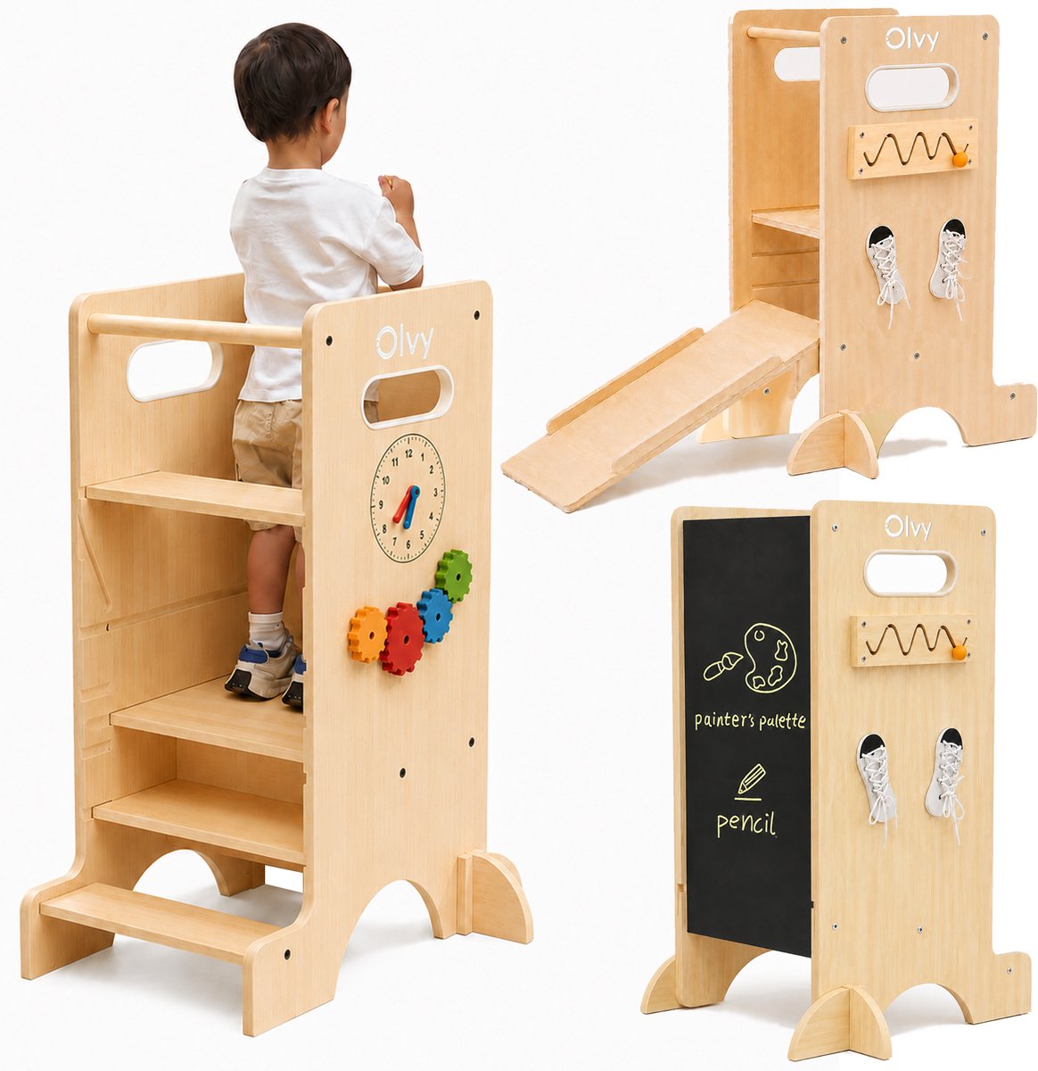 Olvy Kids - 4-in-1 Leertoren - Keukenhulp - Learning Tower - Montessori Leertoren - Kindertrap - Keukentoren - Met Glijbaan