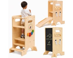 Olvy Kids - 4-in-1 Leertoren - Keukenhulp - Learning Tower - Montessori Leertoren - Kindertrap - Keukentoren - Met Glijbaan