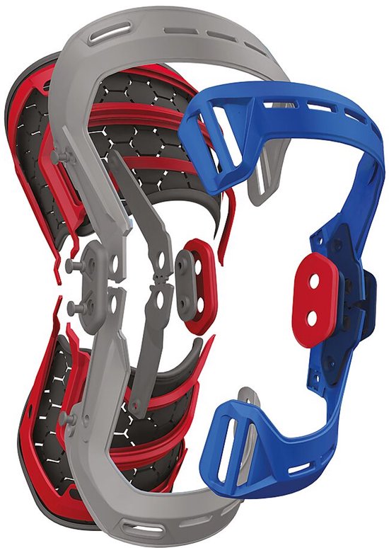 Gedemonteerde weergave van een kniebrace, met grijze, rode en blauwe onderdelen, waaronder scharnieren.
