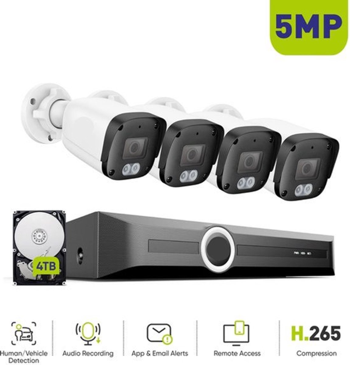 Complete 4-Camera Bewakingsset – Beveiligingssysteem – CCTV Camera – Veiligheidssysteem – 5MP Beeldkwaliteit – Nachtzicht Tot 30 Meter - Ingebouwde HDD: 1T
