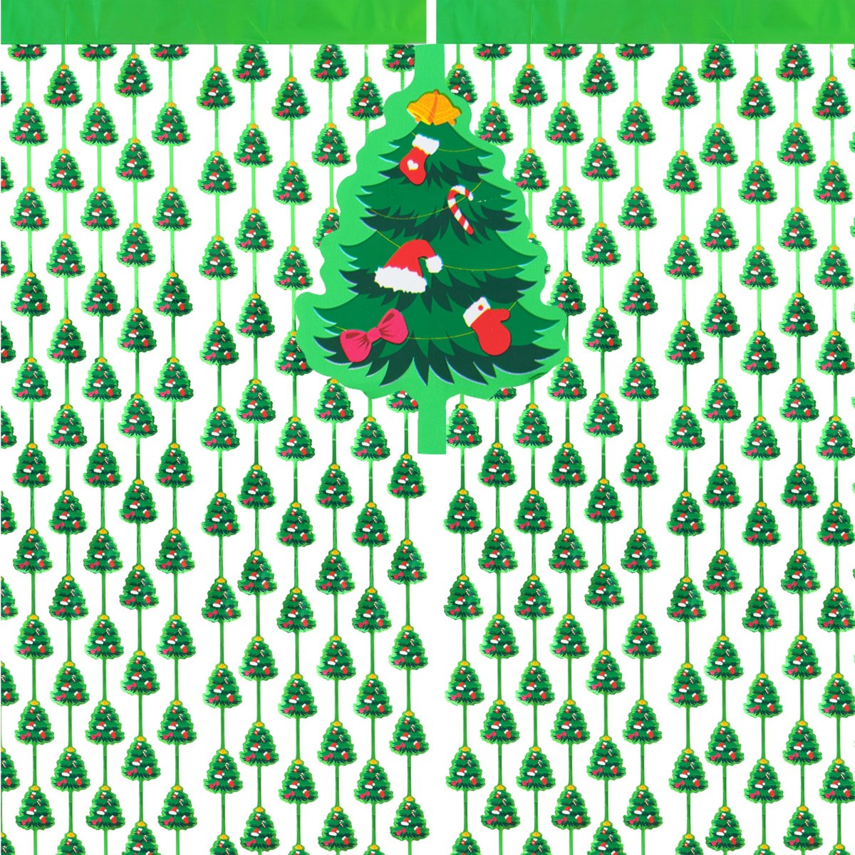 Groene Kerstgordijnen met Lamellen en Slingers, Decoratie voor Feestelijke Sfeer