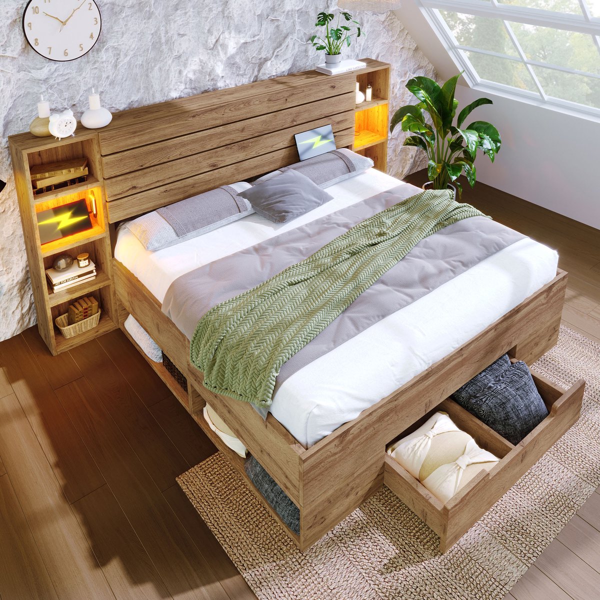 Bedframe - voor matras 180 x 200 cm - eiken - met LED-verlichting en USB-aansluiting en opbergruimte en lattenbodem - voor de slaapkamer