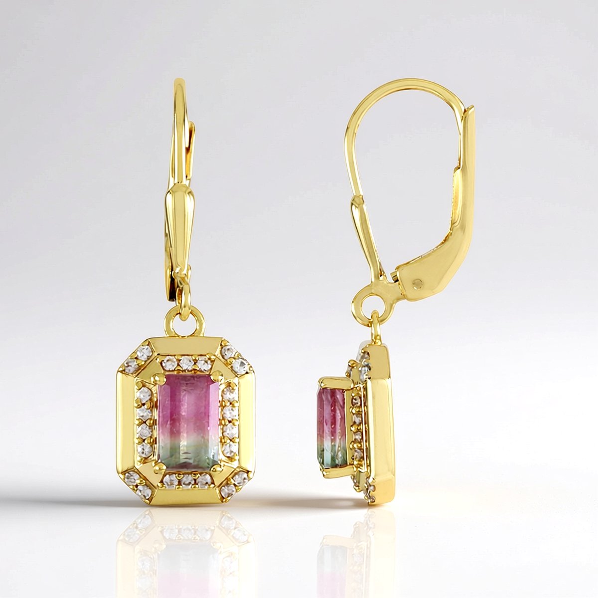 Cavill - Achthoekige Oorbellen met 1,13 Ct Watermeloen Toermalijn - 925 Sterling Zilver - Zirkon Verguld - Braziliaanse Kleurrijke Sieraden