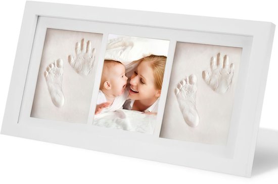 Baby Handafdruk Voetafdruk Herinneringslijst-35x18-Wit Fotolijst Met Witte Klei-Pasgeboren Baby Mijlpaal Herinnering -Kraamcadeau Maandfeest Decoratie — afbeelding 3