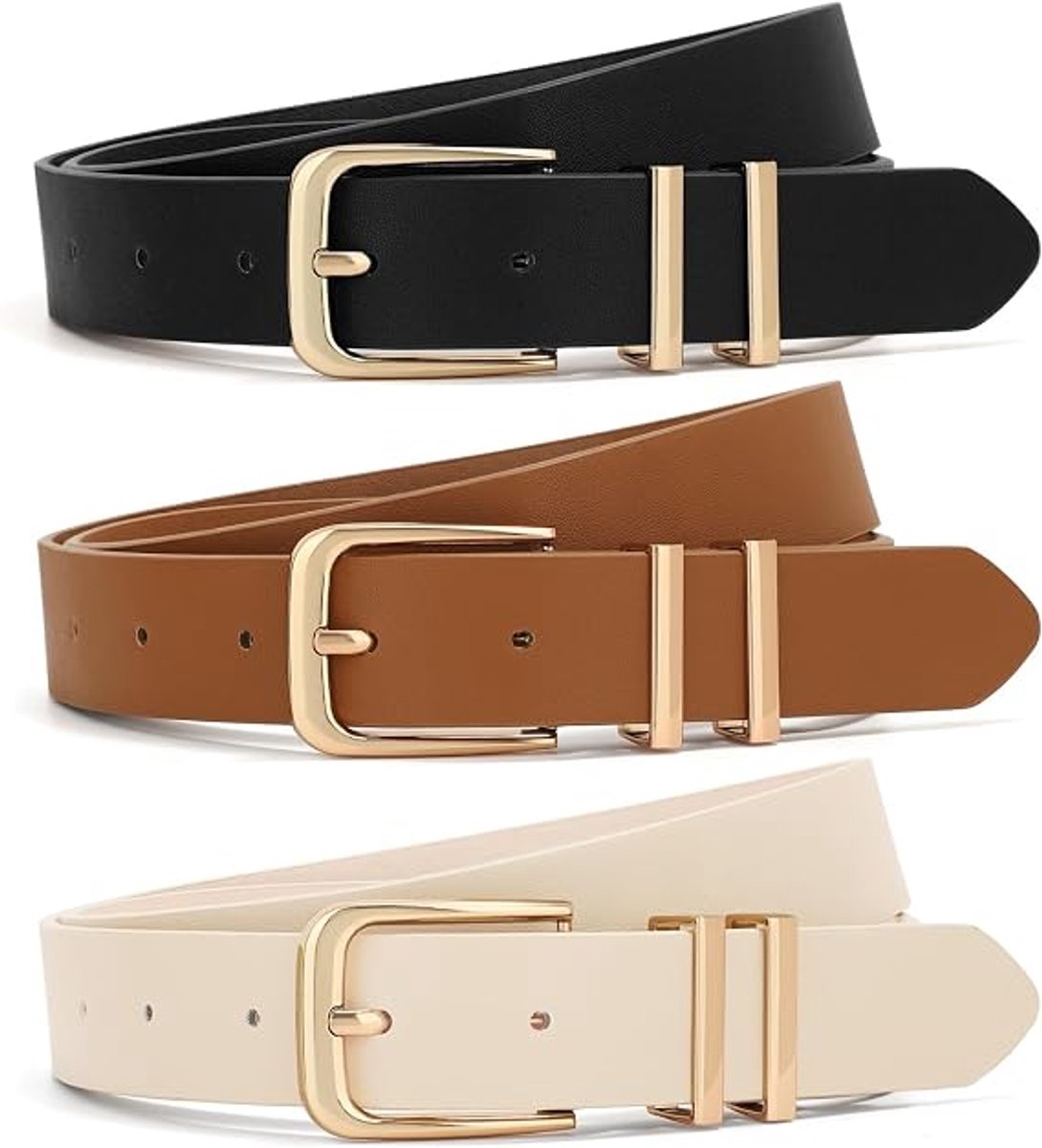 Leren Taillegordel - met Gouden Gesp - voor Jeans, Jurken & Broeken - voor Vrouwen - Zwart/Bruin/Beige - Maat M - 3 Stuks