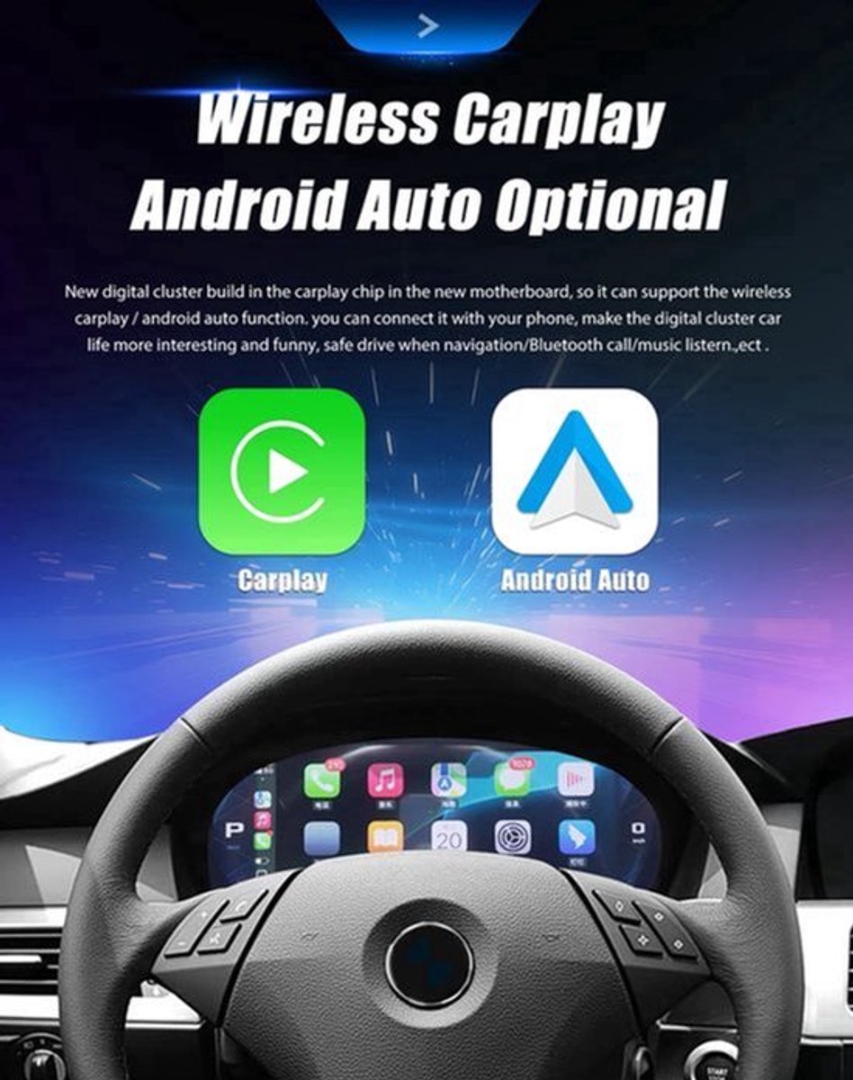 12,3 Inch Digitaal Dashboard – Virtueel Cockpit Scherm – LCD Display – Instrumentenpaneel – Snelheidsmeter – Met Carplay Ondersteuning – Hoge Resolutie 1920x720 Pixels