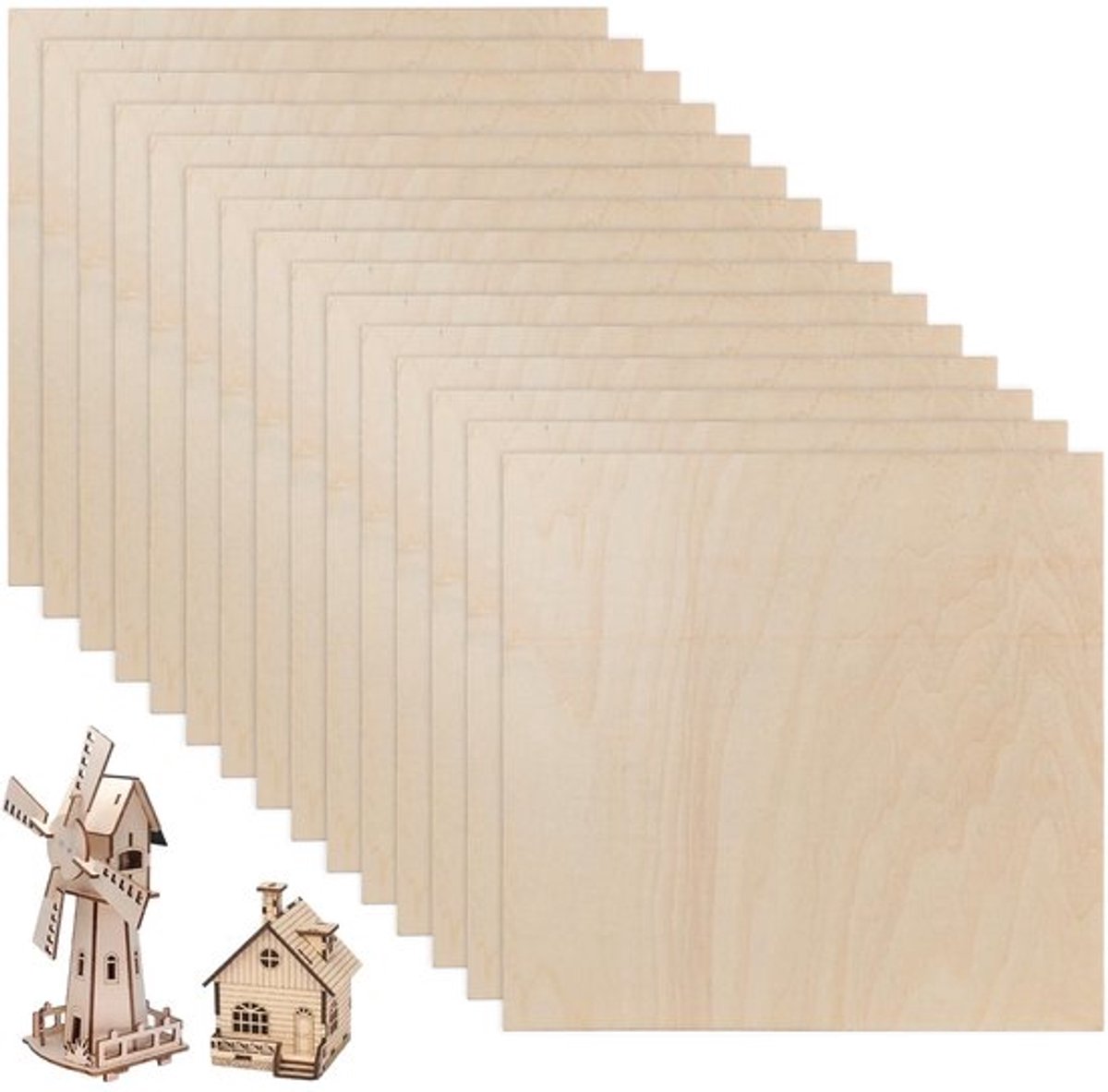 DBREAKS 15 stuks multiplexplaat, 3 mm, 300 x 300 mm, dunne knutselhouten plaat, boomschijven voor knutselen en beschilderen, balsahouten platen, blanco knutselhout, multiplexplaat, houten plaat voor