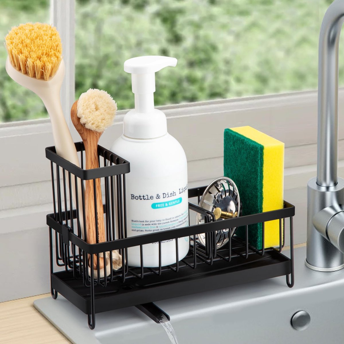 RVS Gootsteen Organizer - Keuken Opbergrek met Zelfafwaterend Design - Spoelbak Organizer met Opbergbox voor Afwasborstels & Sponzen - Geschikt voor Keuken en Badkamer - Zwart