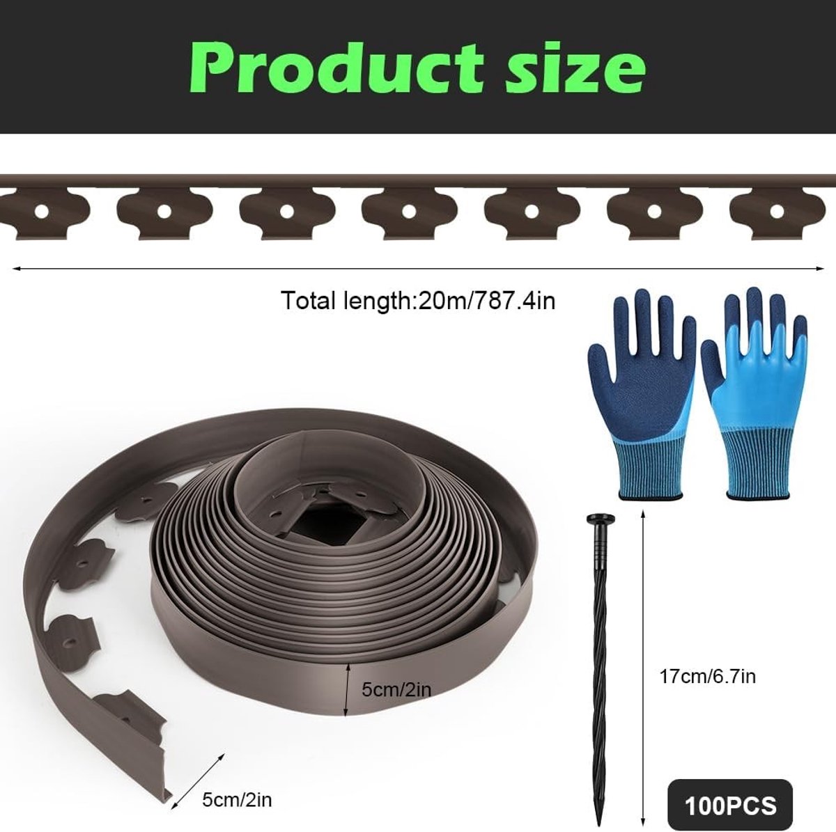 Flexibele Tuinrand van 10 m met 50 Pinnen, Ideaal voor Tuinontwerp en Bestrating, Hoogte 2 cm, Dikte 4 mm (Bruin)