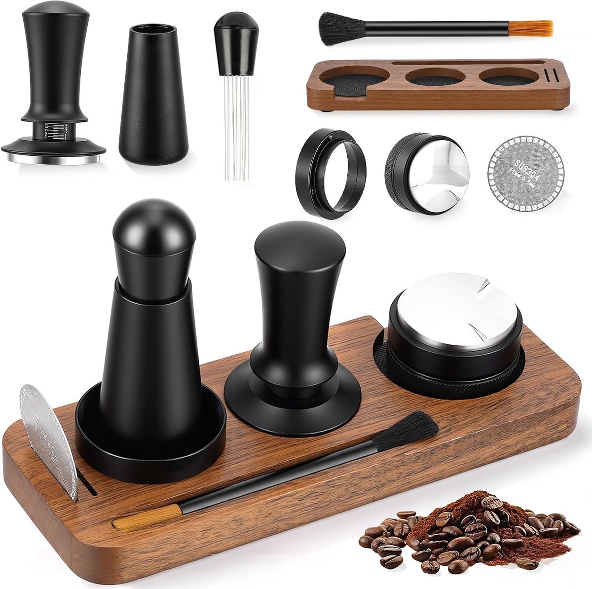 8-delige set, koffiestamper 51 mm met tamperstation, koffiegalisator, WDT-gereedschap, doseerring, reinigingsborstel, puck-zeef, roerder, voor espressomachine