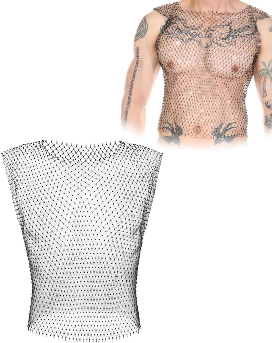 Tanktop voor heren met strass, doorzichtig net, doorzichtig, visnet, glinsterend, rave-outfit, festival, buikvrij herenhemd, sexy clubparty, carnaval, muziekfestival, nachtclub