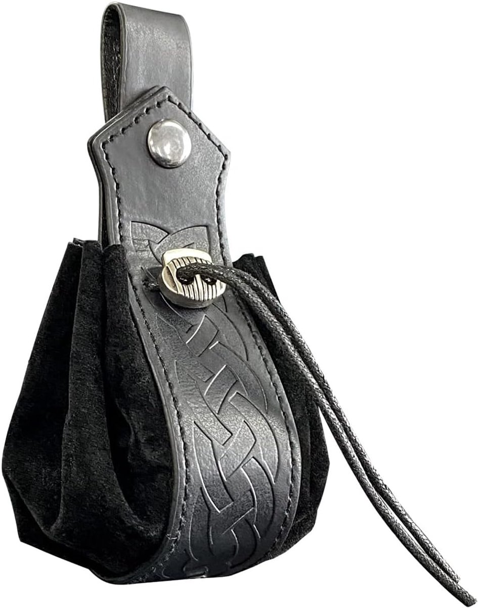 Middeleeuwse kunstleren tas met trekkoord retro Nordic heuptas kubustas voor LARP Ren Faire zwart eenheidsmaat
