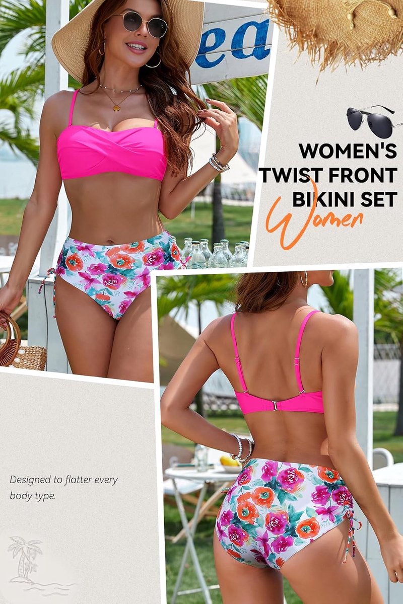 Bikiniset, bloemenprint, tweedelig, blote rug, badmode, strand, zee, beachwear met afneembare bandjes, badpak met stropdas aan de zijkant
