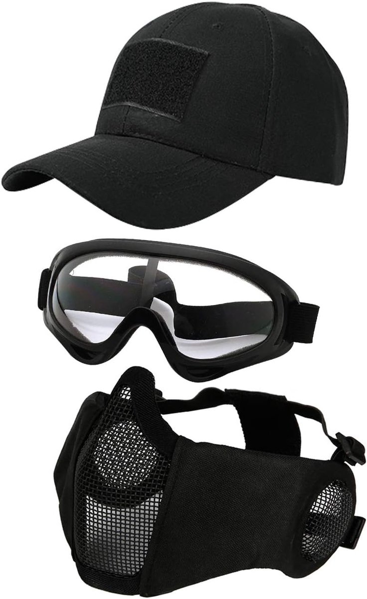 3 stuks tactisch airsoft masker, veiligheidsbril, baseball cap set, verstelbaar halfgelaatsmasker met gehoorbescherming, airsoft bril, oogbescherming, outdoor hoed voor airsoft/BB/CS spel