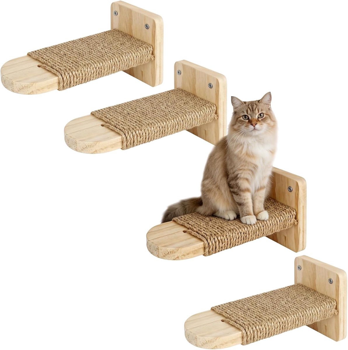 Kattentrap voor aan de muur, 4-delig, klimwand voor katten met jute touw, massief rubberhout, in hoogte verstelbaar, ruimtebesparend en stabiel voor klimmen en spelen