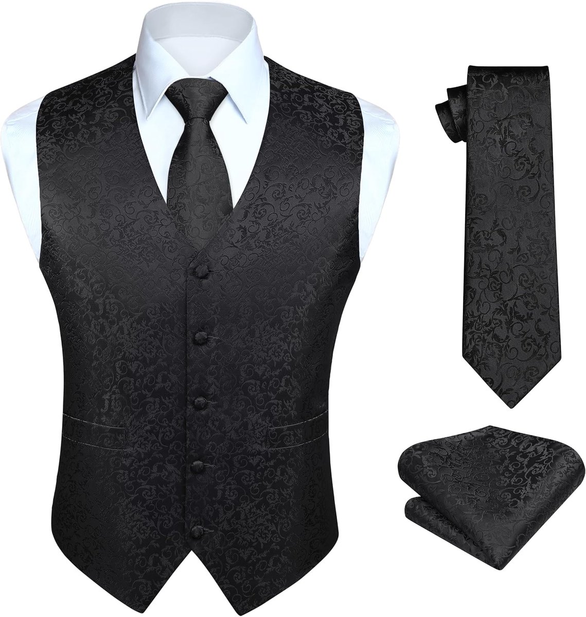Mannen klassieke effen kleur jacquard vest & stropdas en pocket vierkant vest pak set
